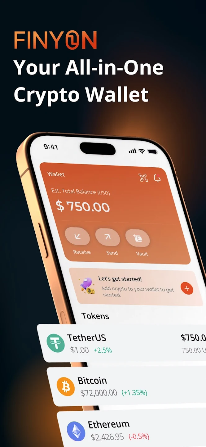 Finyon Wallet home screen showing total balance and token list