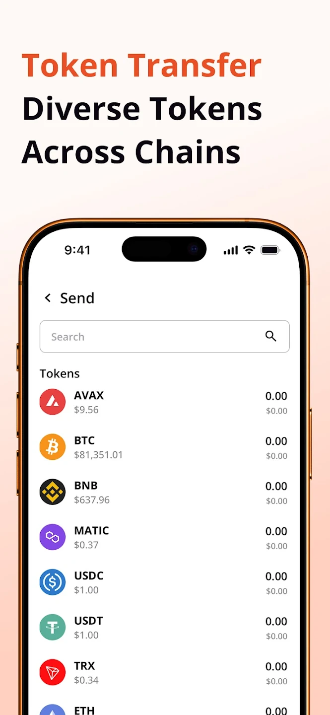 Finyon Wallet token transfer screen with a searchable list of token balances