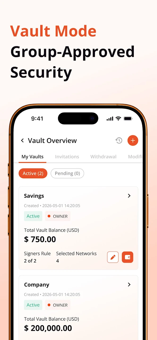 Finyon Wallet Vault Overview screen listing active multi-sig vaults and balances